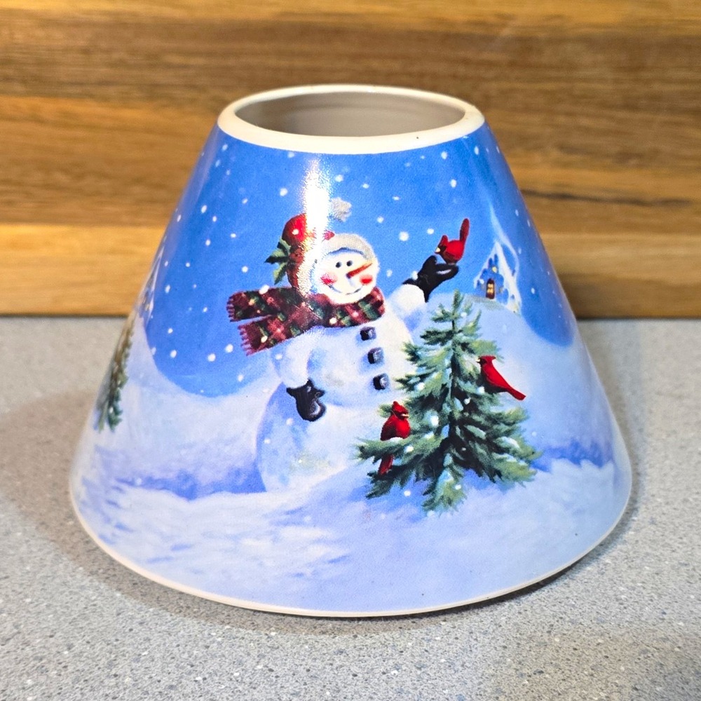 Ceramic Snowman Winter Scene Jar Candle Shade/Topper Cone Blue White Small